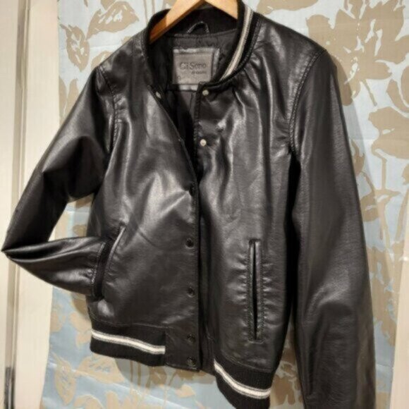 Faux Leather Bomber Jacket Black Ci Sono Size Medium - Picture 8 of 11